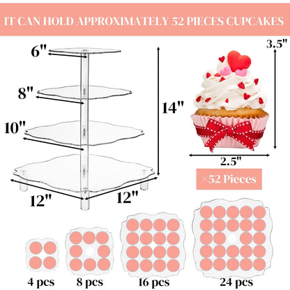 Acrylic Cupcake Tower Stand, 4-Tier Square 30 cm Display Holder, Clear Dessert and Pastry Tower with Rod Feet for 52 Cupcakes, Perfect for Wedding, Birthday, Baby Shower and Party Events