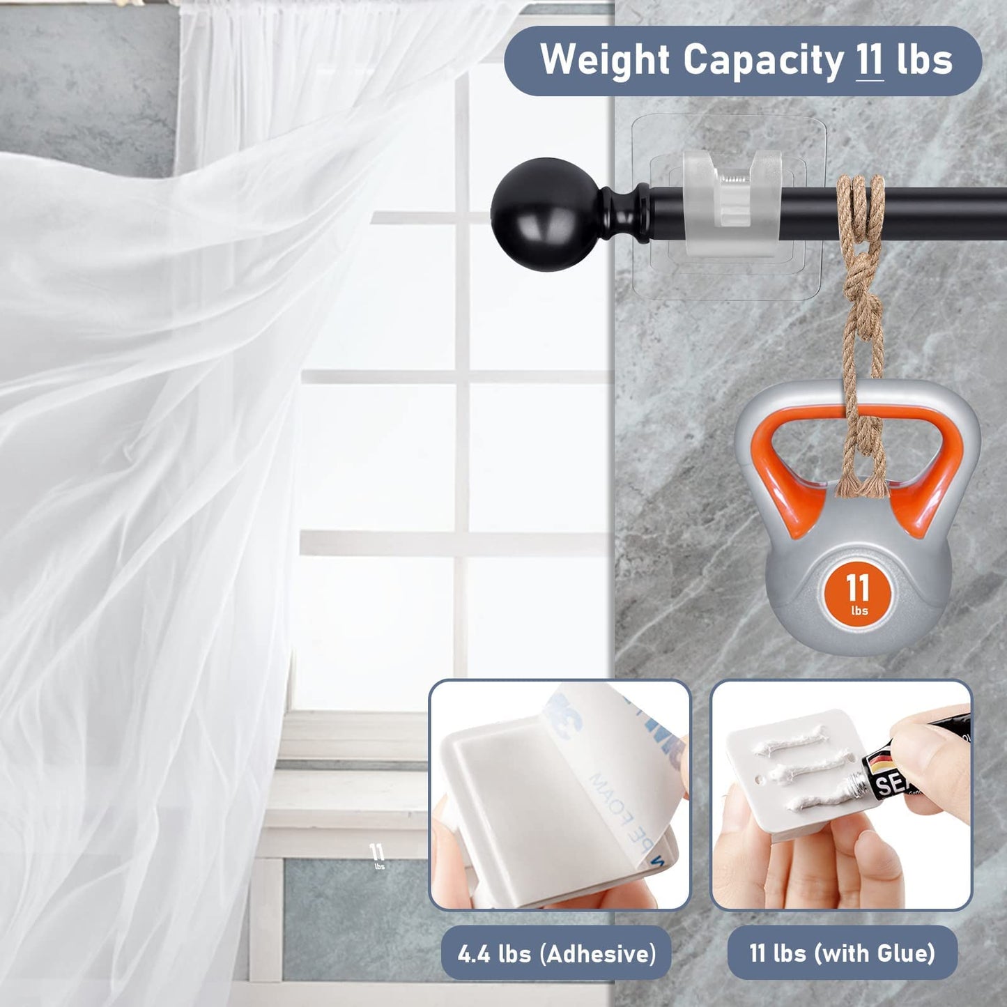 UOCAI Pack of 8 Transparent Self-Adhesive Curtain Rod Holders, No Drilling, Wall Mount, ABS Frame, Stainless Steel Finish