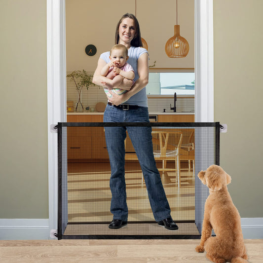Baby Gate Pet Gate Magic Gate for Dogs, Queenii Safety Guard Gate Retractable Mesh Dog Gate, Portable Folding Child's Safety Gates Install Anywhere, Safety Fence for Hall Doorway Wide 40.14"-Black