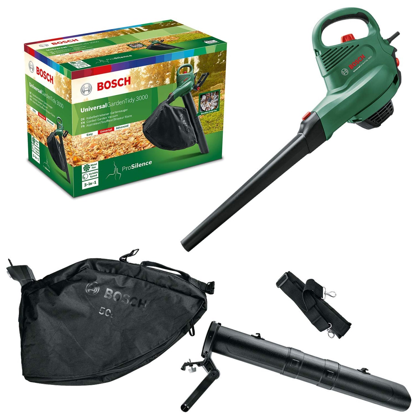 Bosch Electric Leaf Blower and Vacuum UniversalGardenTidy 3000 (3000 W, collection bag 50 l, variable speed, for blowing, vacuuming and shredding leaves, in carton packaging)