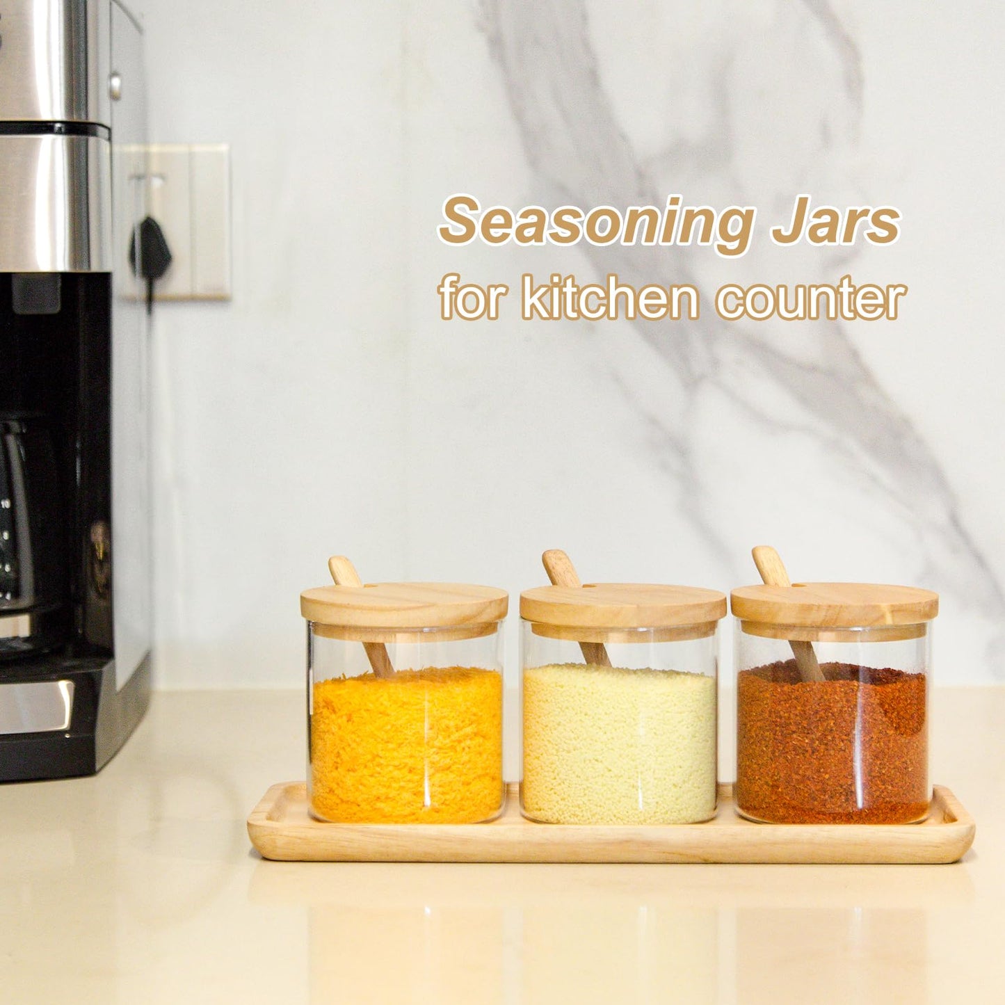 LOCDION 3 PCS Condiment Pots Set,Decorative Storage Seasoning Glass Container Box with Wood Spoon Lid and Base for Home Kitchen café Storing Salt Sugar Pepper Spice(Rubber Wood)