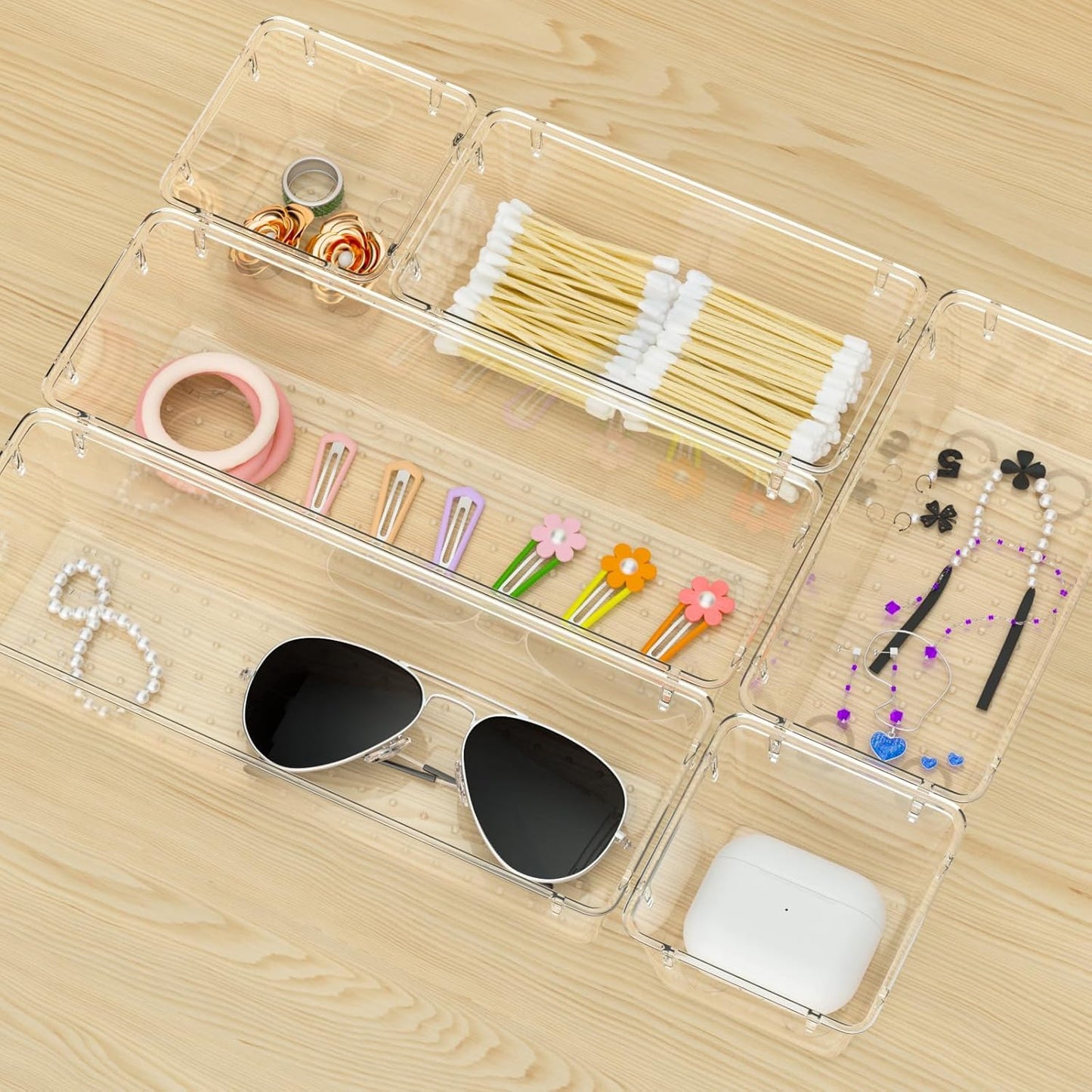 Zollyss Desk Drawer Organizer Trays Various Size Bathroom Drawer Tray Dividers Plastic Vanity Organizers Storage Bins for Makeup Dresser Kitchen Office (Clear) (6 PCS)