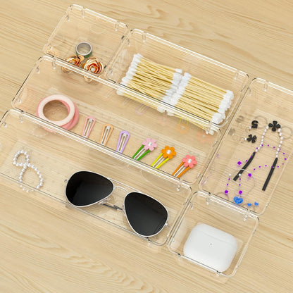 Zollyss Desk Drawer Organizer Trays Various Size Bathroom Drawer Tray Dividers Plastic Vanity Organizers Storage Bins for Makeup Dresser Kitchen Office (Clear) (6 PCS)