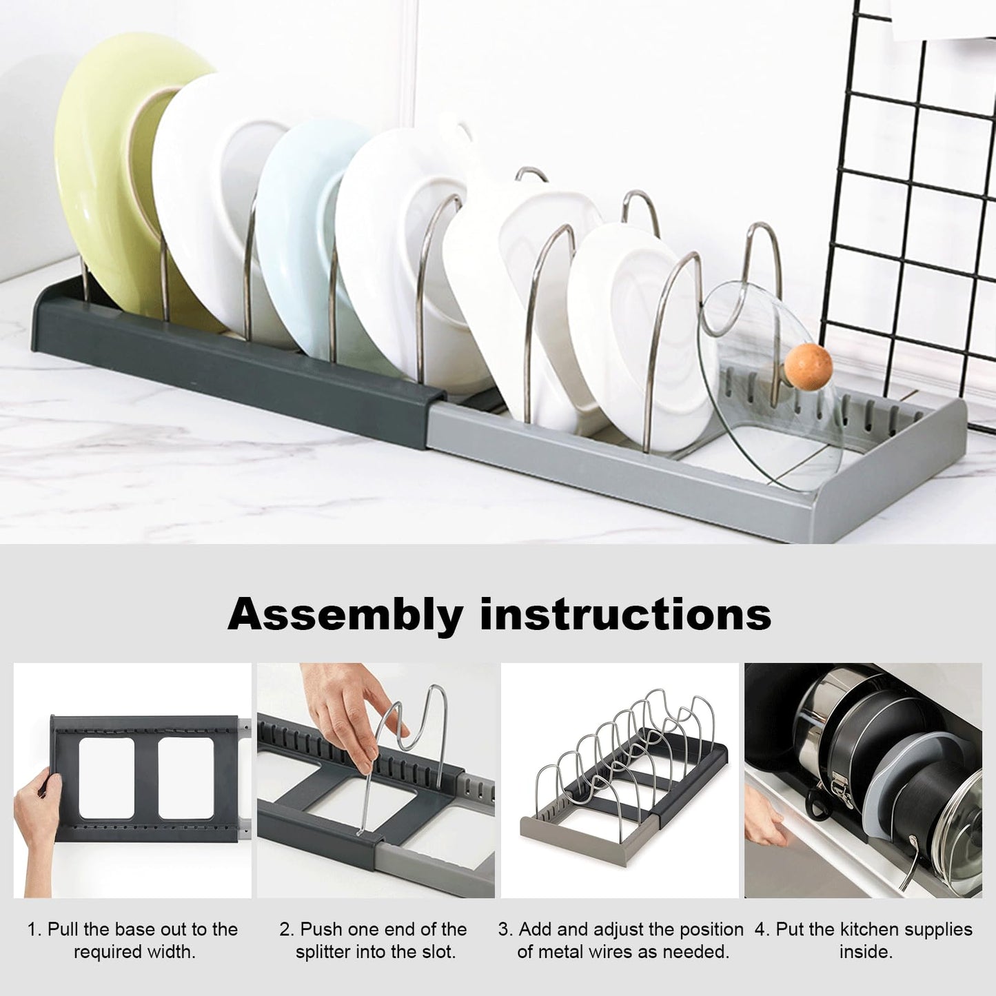 ZITUZY Expandable Organizer for 6 Lids or Pans, Pot Lid Holder, Kitchen Storage, Dish Holder for Drawer, Pot Rack, Dish Rack, Pot Holder Drawer
