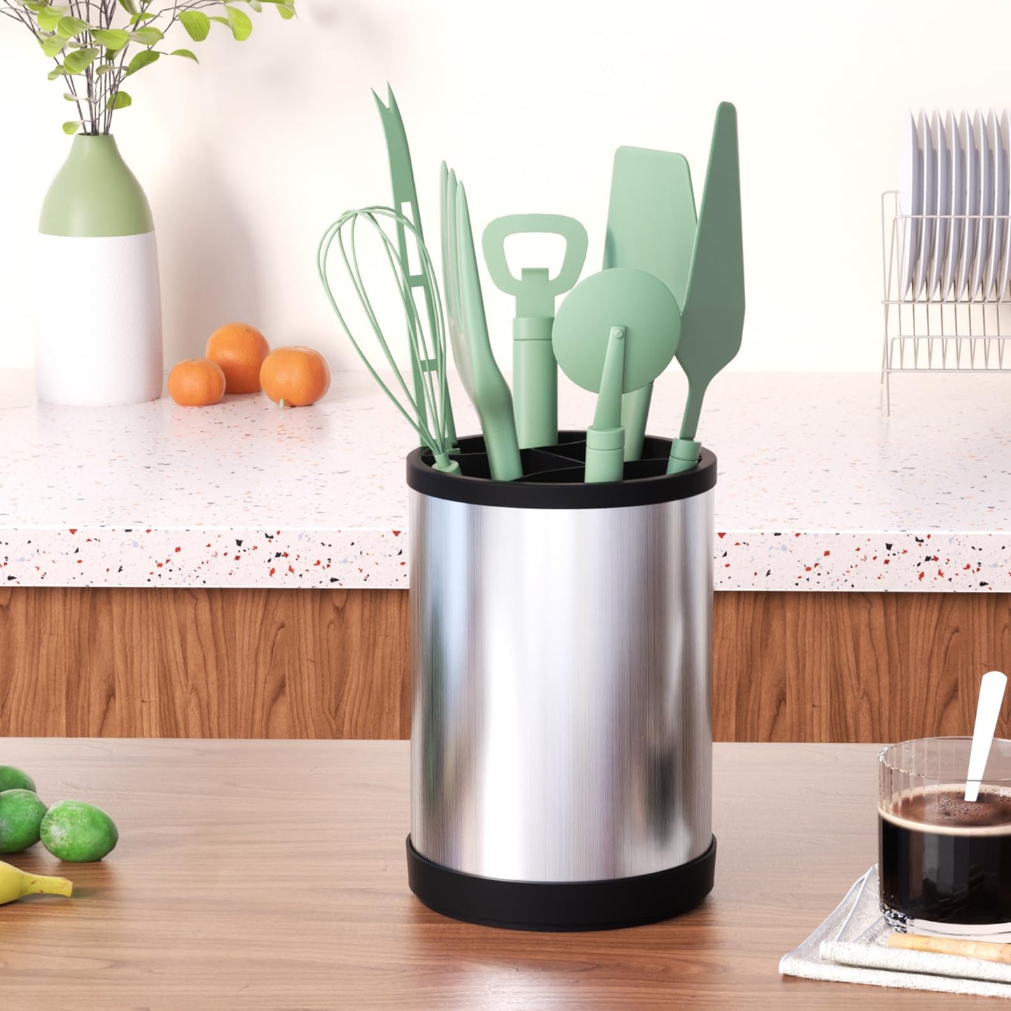 kitchen utensil rack oversized shovel spoon storage rack kitchen countertop cutlery cooking storage rack stainless steel 360 degree rotating weighted base rack suitable for countertop silver