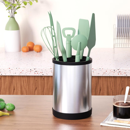 kitchen utensil rack oversized shovel spoon storage rack kitchen countertop cutlery cooking storage rack stainless steel 360 degree rotating weighted base rack suitable for countertop silver