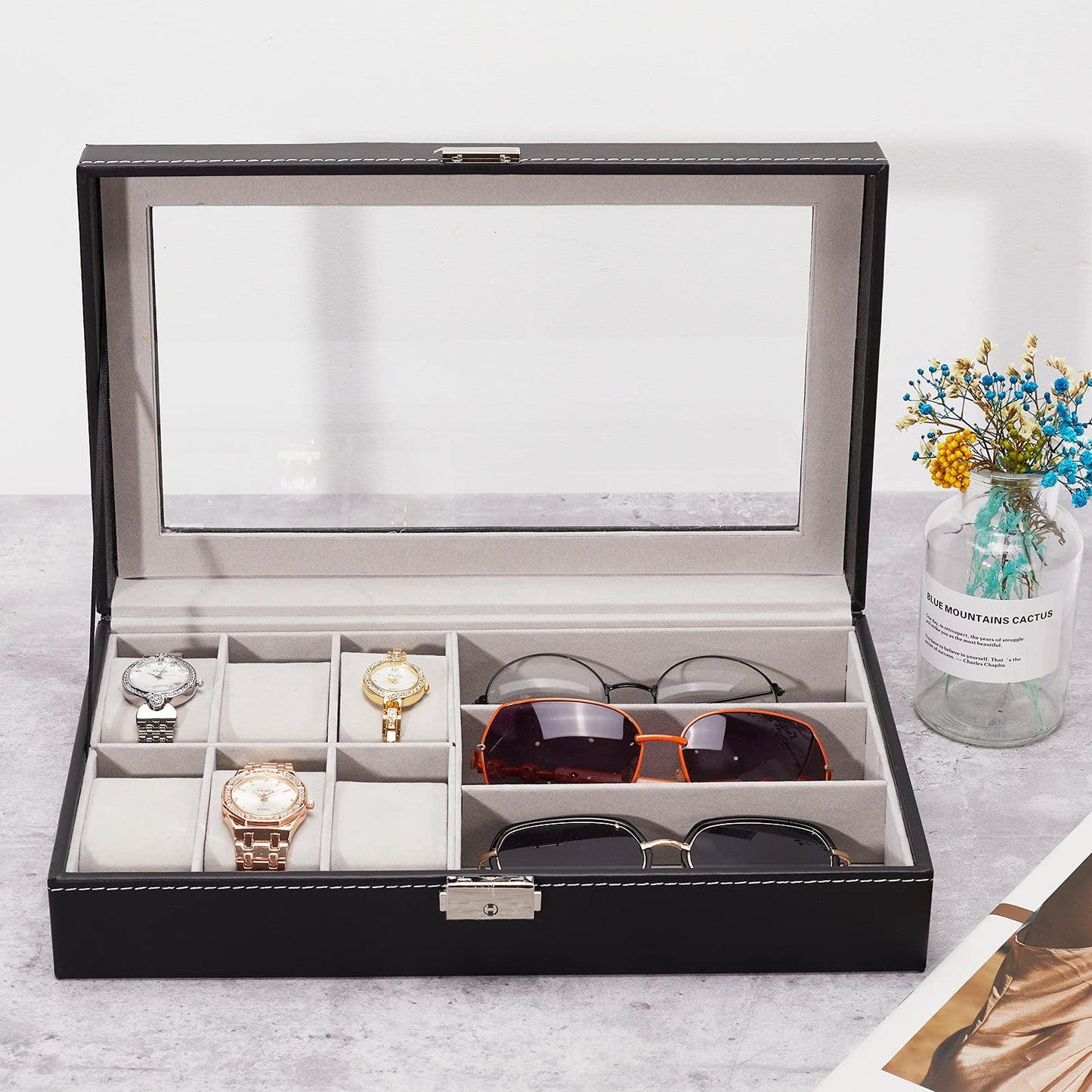 ALS AILISUO 6 Slots Watch Box 3 Slots Eyeglass Sunglasses Organizer Box With Lockable Case Clear Glass PU Leather Storage Box Display Showcase for Women & Men (Black)