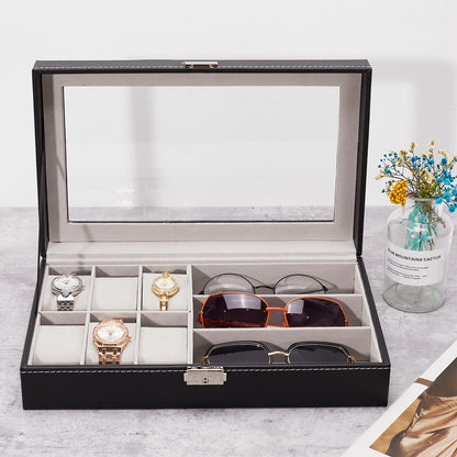 ALS AILISUO 6 Slots Watch Box 3 Slots Eyeglass Sunglasses Organizer Box With Lockable Case Clear Glass PU Leather Storage Box Display Showcase for Women & Men (Black)