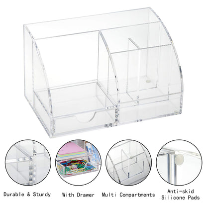 All-in-One Clear Acrylic Office Desk Organizer with Drawer, Multifunctional Makeup Holder and Stationery Caddy with Multiple Compartments for Home and School Supplies