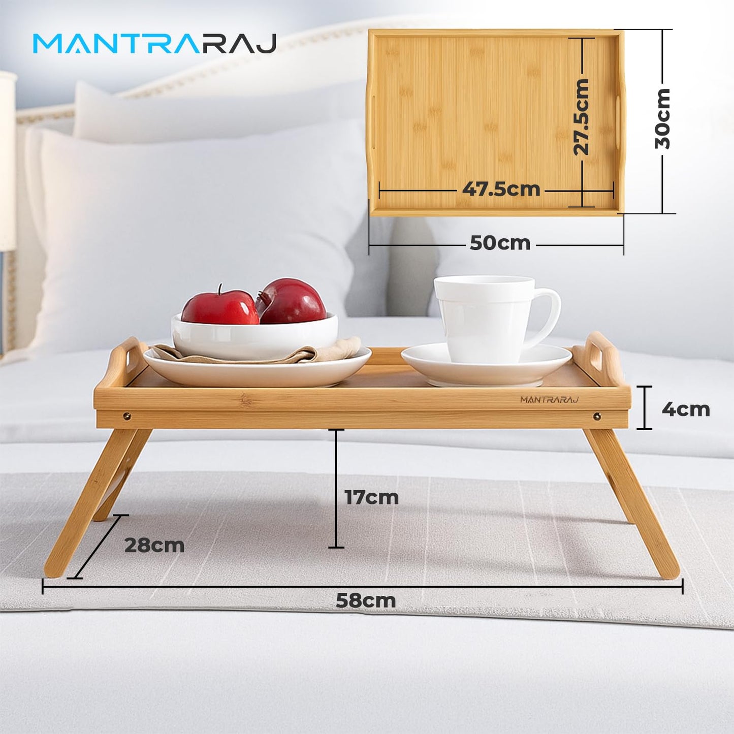 Mantraraj Wooden Bamboo Food Serving TV Tray with Handles Portble and Folding Legs Dinner Breakfast Lap Table Mat for Sofa and Bed - 50x30cm