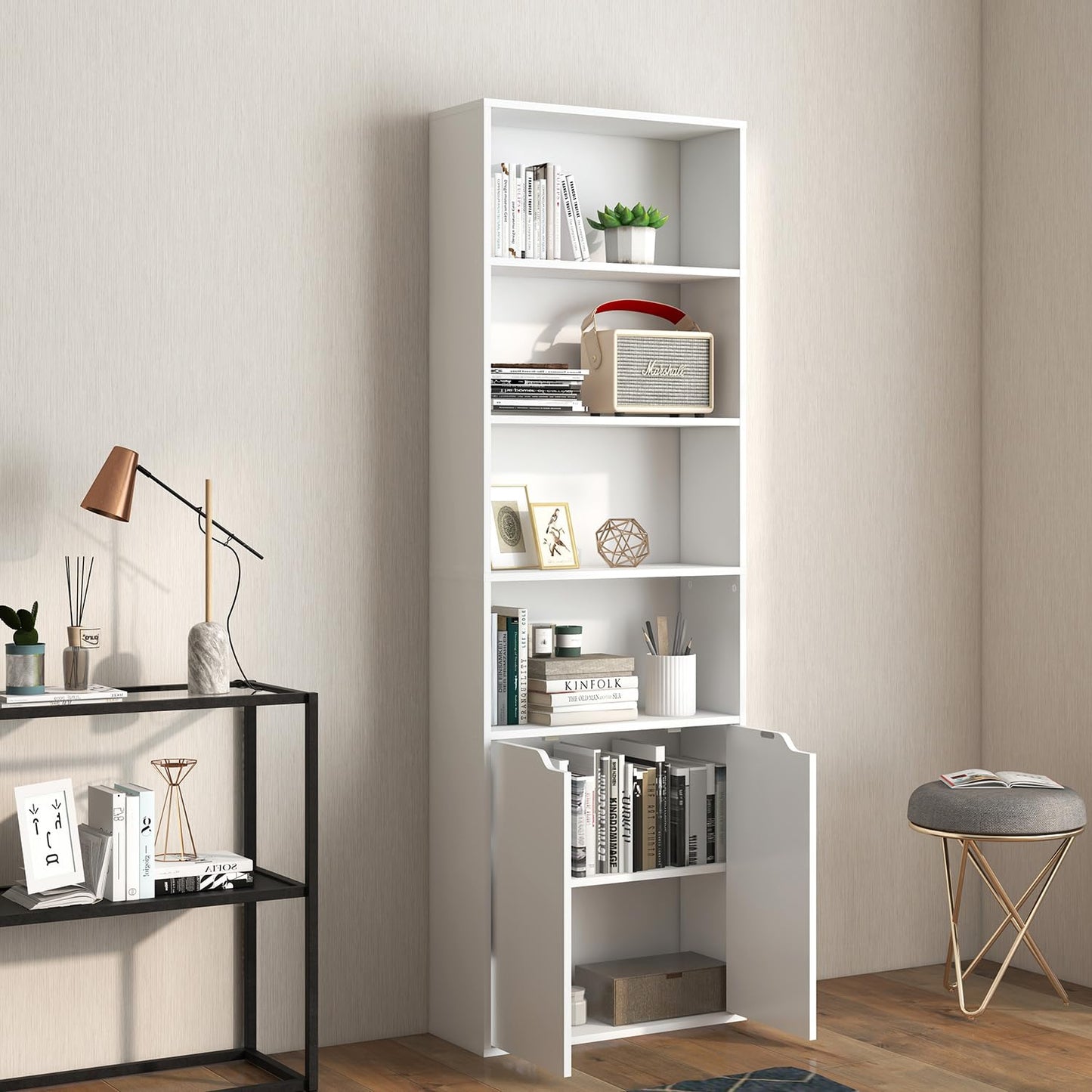 6 Tier Bookcase with 2 Doors in White, Wooden Cube Shelves, Tall Bookshelf Storage Cupboard, Soild Wood Organizer Display Free Standing Unit for Living Room