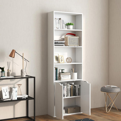 6 Tier Bookcase with 2 Doors in White, Wooden Cube Shelves, Tall Bookshelf Storage Cupboard, Soild Wood Organizer Display Free Standing Unit for Living Room