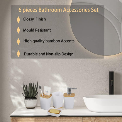 6-Piece Bamboo Bathroom Accessories Set – Bathroom Set with Trash Can, Toothbrush Holder, Soap Dish, Soap Dispenser & Cup – Stylish & Durable for Home Décor