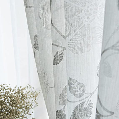 Linen Floral Semi Transparent Curtain - Rod Pocket
