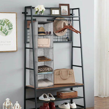 5-Shelf Hanging Closet Organizer, Foldable Cupboard Storage with Easy Fastening Strap, Space-Saving Clothes & Shoe Rack, Grey, 30x30x100 cm