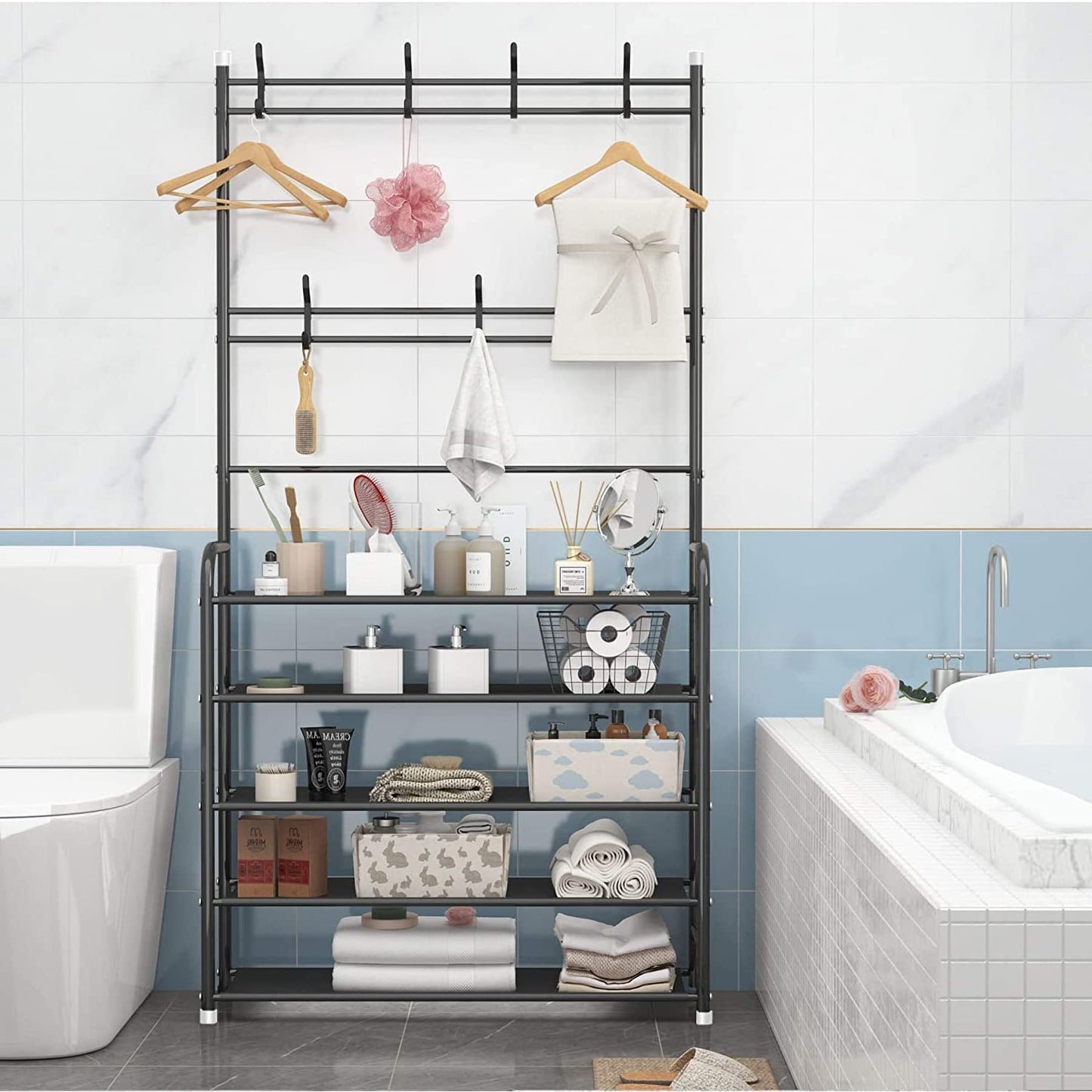 LEOPAX Bench Coat Rack with Shoe Storage, Multifunctional Cloth Stand with Shoe Shelf Organizer with 5-Tier and 8 Hooks for Bedroom, Hallway, Entryway - Size 58 x 23 x 170cm - Metallic Black