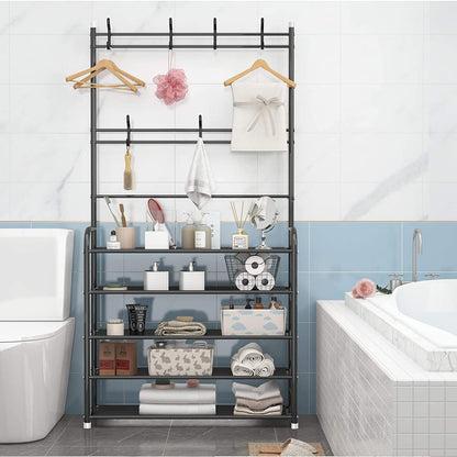 LEOPAX Bench Coat Rack with Shoe Storage, Multifunctional Cloth Stand with Shoe Shelf Organizer with 5-Tier and 8 Hooks for Bedroom, Hallway, Entryway - Size 58 x 23 x 170cm - Metallic Black