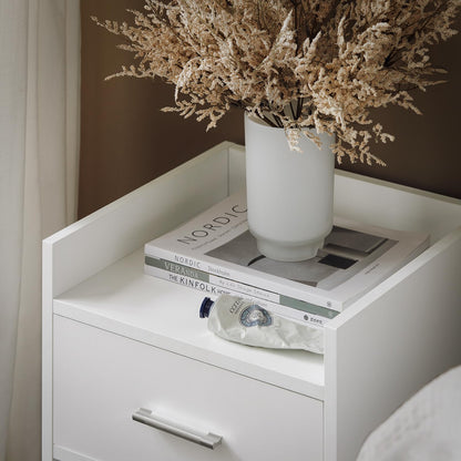 Bedside Table with 1 Drawer and 1 Niche in White, Compact Nightstand with Open and Closed Storage, Minimalist End Table for Bedroom, SmalLand FunctionaLSide Cabinet