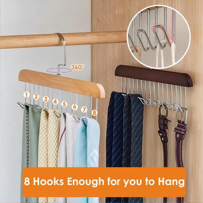 Sigowal 2 Pack Belt Hanger for Closet, Sturdy Wooden Belt Holder with 8 Hooks, Space Save Tank Top Bra Hanger, Wood Belt Organizer for Closet, 360°Rotating Tie Rack for Belt Tie Scarf Tank Top (Brown)