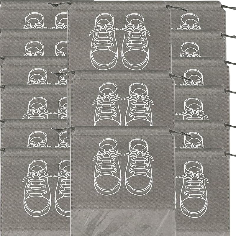 حقائب تخزين أحذية كبيرة، حقائب أحذية مقاومة للغبار برباط مع نافذة شفافة، منظم سفر مقاوم للماء، حقائب أحذية محمولة - رمادي
