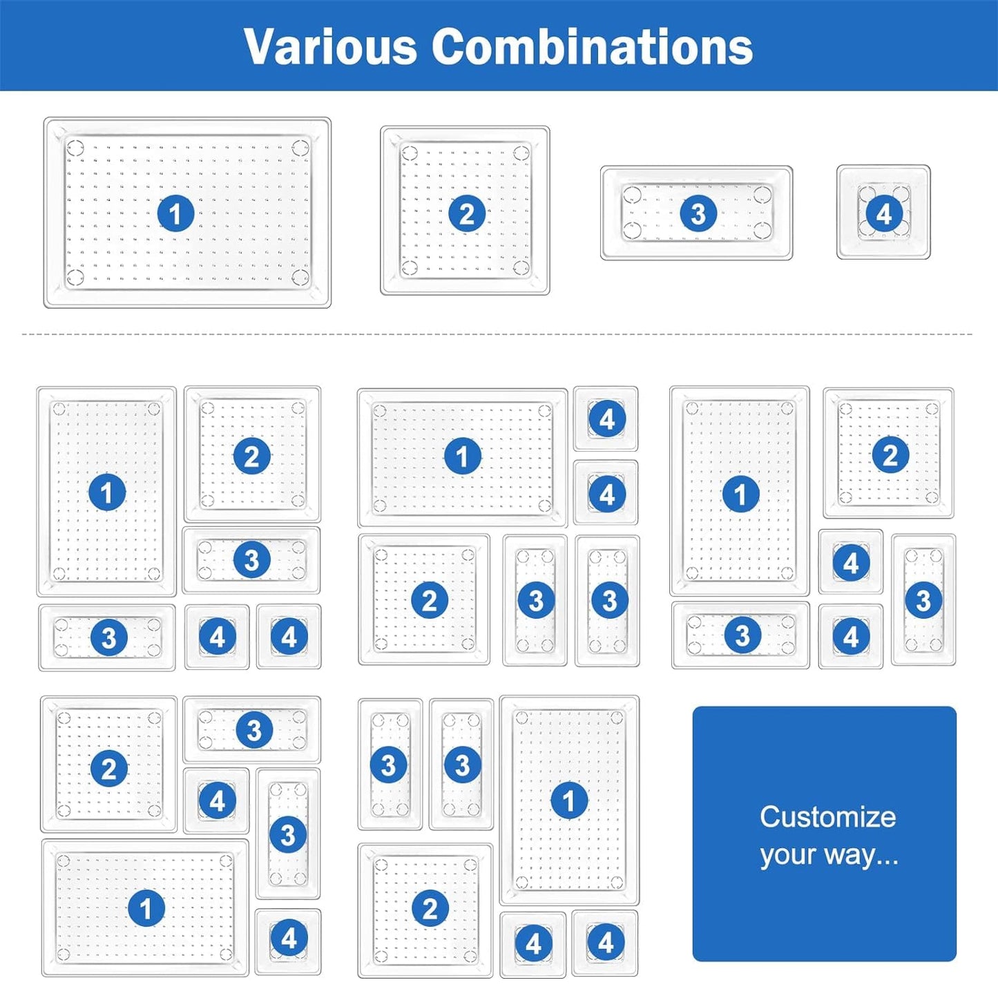 Niwlix Drawer Storage Organizer, Versatile Bathroom and Vanity Drawer Cosmetic Organizer Trays, Storage Bins for Makeup, Bedroom, Kitchen Gadgets Utensils and Office 7Pcs Set