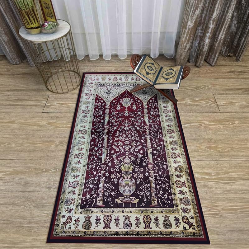 INtex Home Velvet Padded Prayer Rug, Multicolor Islamic Persian Design, Soft Printed Fabric with Anti-Slip Layer, Comfortable and Cushioned, 70x110 cm