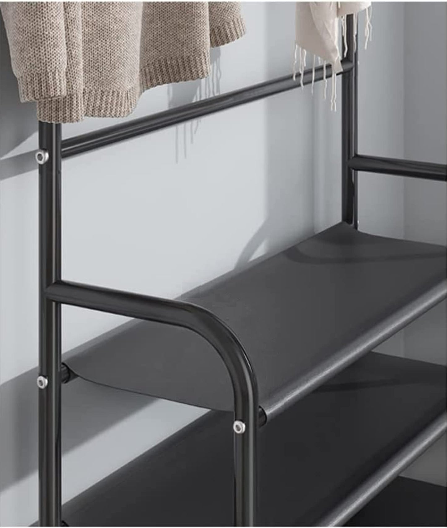 Multifunctional Entryway Coat Rack 5 Tier 3 in 1 Hall Tree Shoe Bench with Keys Hat Umbrella Stand Storage Shelves with 8 Hooks Hanger 5 Bottom Layer Organizer (170 x 80 x 26 cm/Black, Metal)