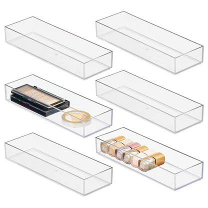 6-Piece Plastic Drawer Organizer Set, Clear Storage Containers with Chrome Detail for Makeup, Cosmetics, and Accessories, Ideal for Bathroom Vanity, Countertop, or Cabinet
