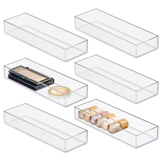 6-Piece Plastic Drawer Organizer Set, Clear Storage Containers with Chrome Detail for Makeup, Cosmetics, and Accessories, Ideal for Bathroom Vanity, Countertop, or Cabinet