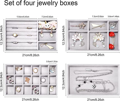 Kios Velvet Jewelry Drawer Inserts Trays, Earring Organizer Stackable Jewelry Display Trays, Box Ring Holder Necklace Case, Storage for Bracelet Brooch Watch, Set of 4 (Gray)