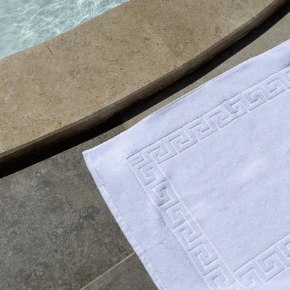 Hotel Cotton Bath Mat, White, Soft and Absorbent 100% Cotton, High GSM Shower Mat with Greek Key Border for Bathroom Floor Comfort, 50x70 cm, 300g