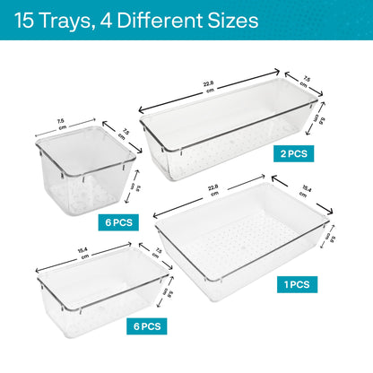 ZMS ZMS TRADERS 15 Pcs Clear Plastic Drawer Organizer Set – Unbreakable, Antislip Clear Organizing Bins for Makeup, Kitchen, Office, Bathroom Storage – Durable Clear Drawer Organizers