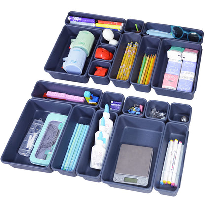 24 Pack Plastic Desk Drawer Organizer and Storage for Office Kitchen Dresser Bathroom Cabinet Organizer,Interlocking Junk Small Drawer Dividers Tray for Makeup Bra Stationery Utensil Tool with 3 sizes