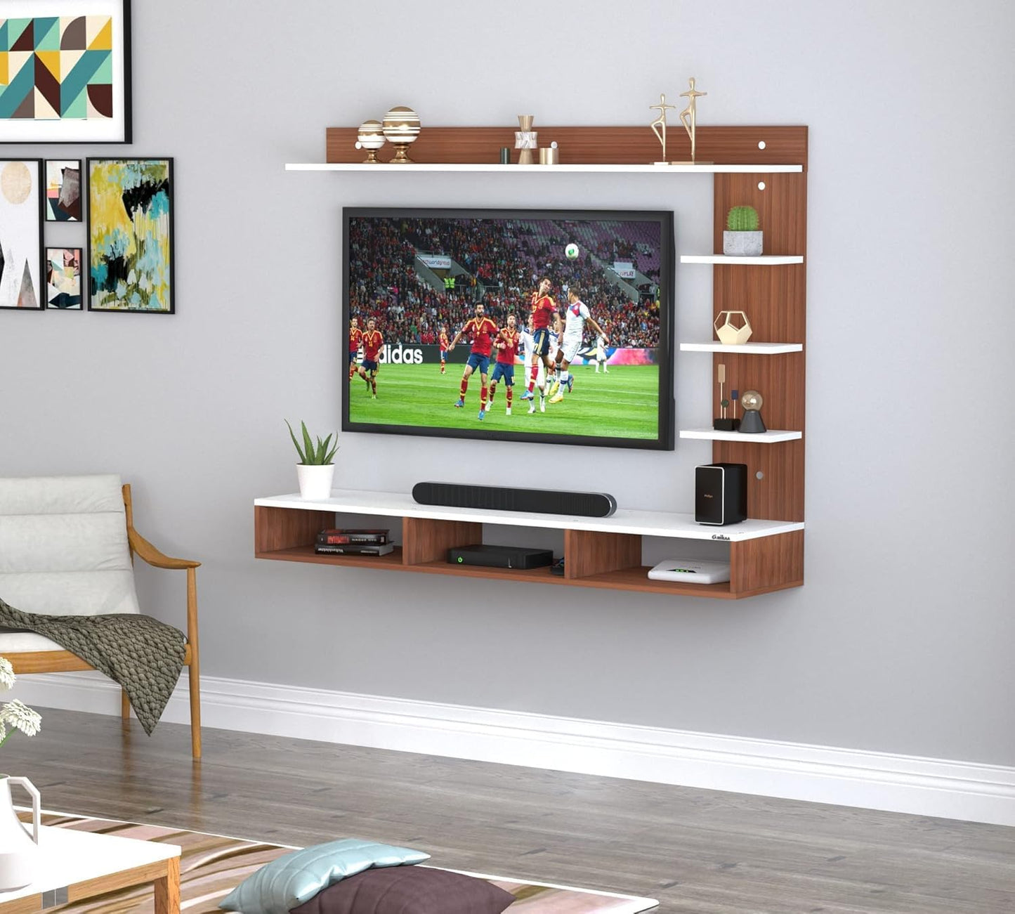 Wall-Mounted TV Top Unit, 130cm Floating Entertainment Shelf in a Two-Tone Walnut and White Finish, ManufacturedWood Media Shelf for a Contemporary Living Room Setup