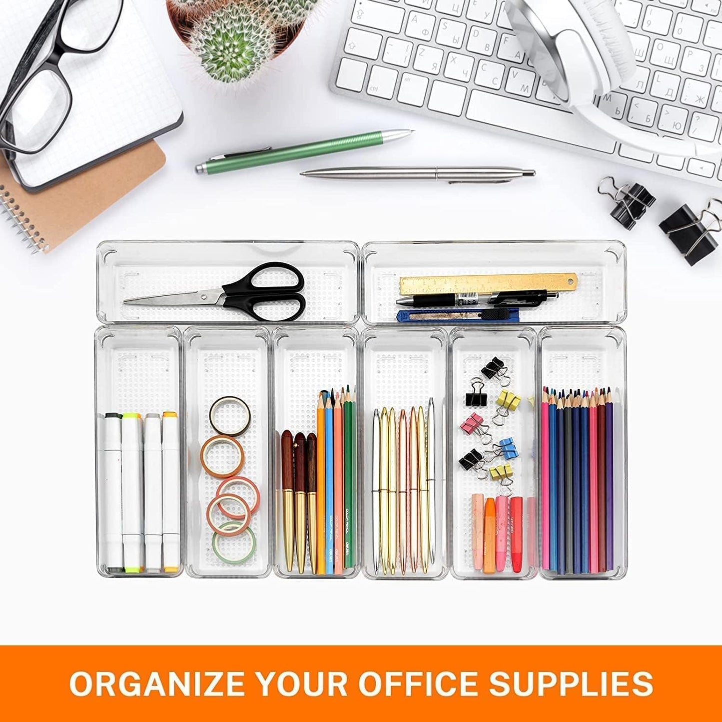 Xpandio Clear Plastic Drawer Organizers Set, Versatile Bathroom and Vanity Drawer Organizer Trays, Storage Bins for Makeup, Bedroom, Kitchen Gadgets Utensils and Office (4 PC LONG LARGE)