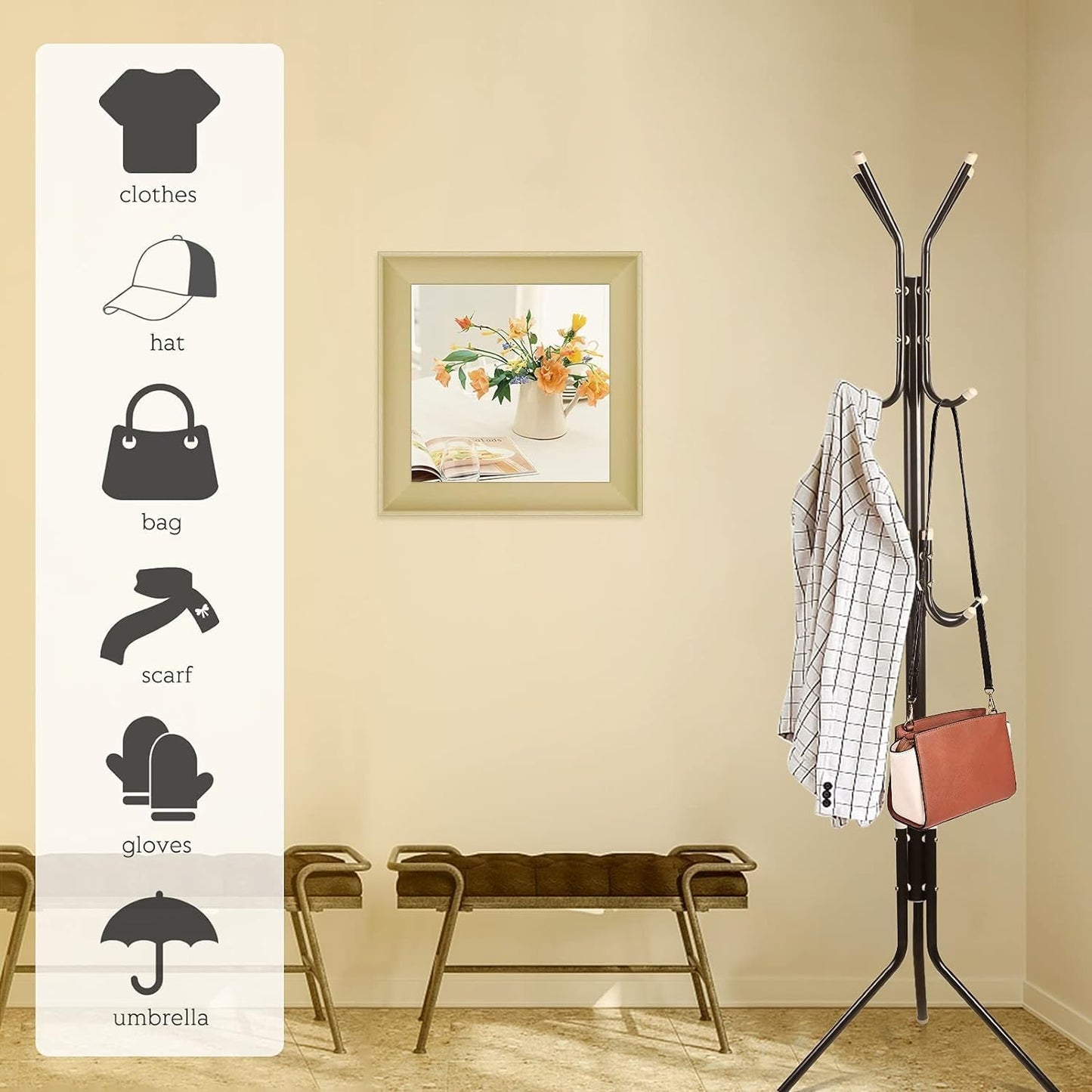 Bolivia's Coat Rack Stand, Metal Coat Hat Hanger Organizer Rack with 12 Hooks, Coat Tree, Free Standing Coat Rack for Clothes, Jackets, Hats, Purses, Bags, Keys, Umbrella (Black)