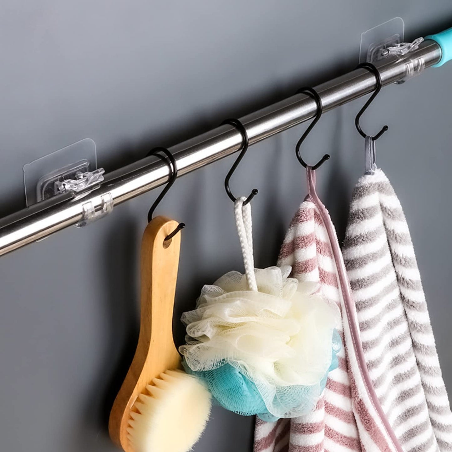 No Drill Curtain Rod Brackets 4 Pcs Curtain Rod Holder Self-Adhesive Curtain Rod Mount Adjustable Curtain Rod Hooks Nail Free Curtain Hangers for Bathroom, Bedroom, Hotel, Clear