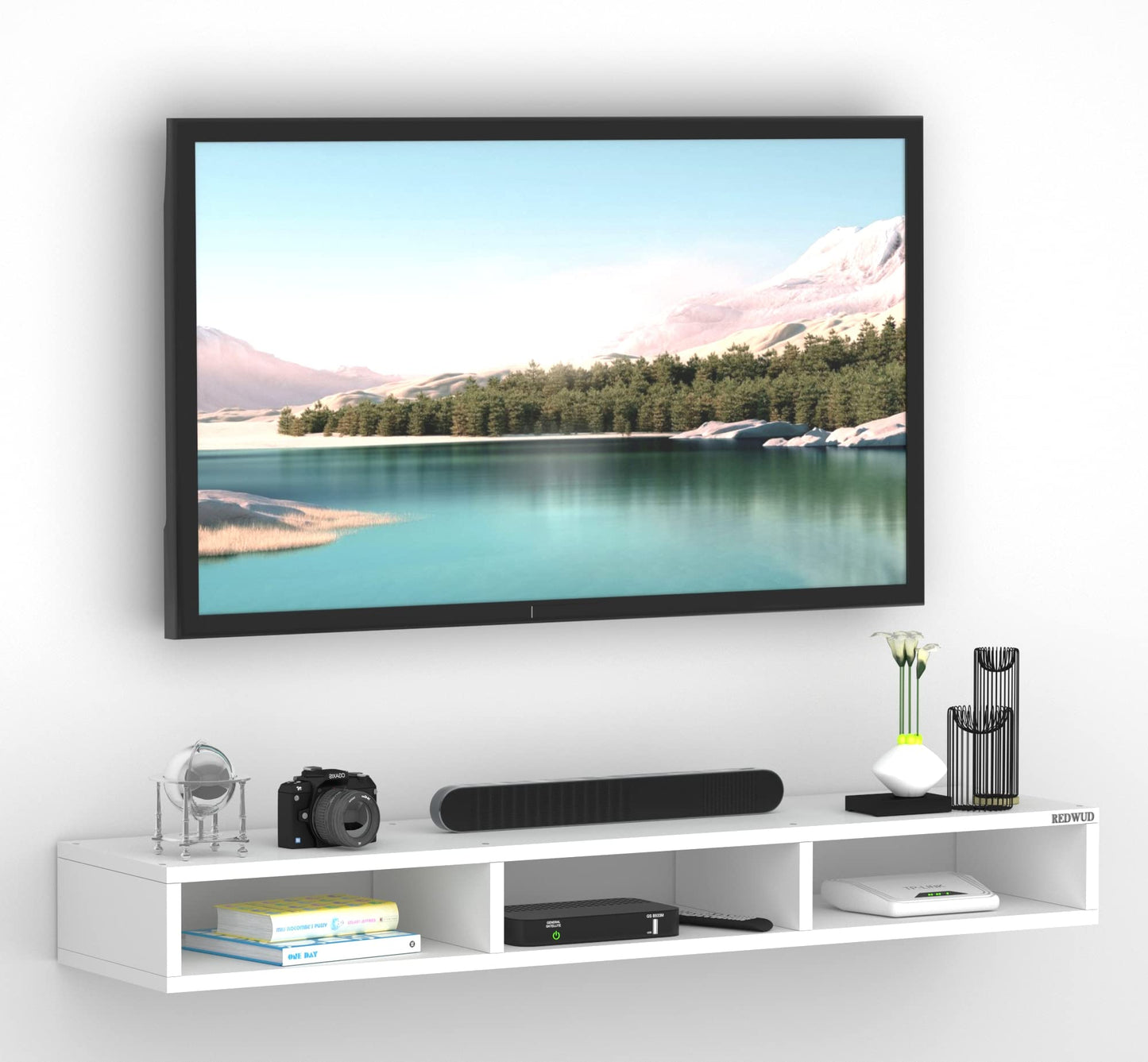 WalLMount TV Entertainment Unit, a sleek Floating Cabinet with Set Top Box Holder Shelf, ideaLfor TVs up to 101.6 cm, presented in a crisp and contemporary White finish