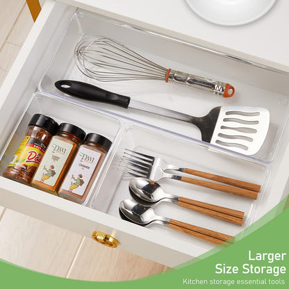 DUHARS 4PCS Clear Plastic Drawer Organizer Tray, 12'' Large Acrylic Vanity Bathroom Drawer Organizers Trays, Desk Drawer Organizer Bins for Cosmetics, Makeup, Kitchen, Office, Junk Drawer Organization