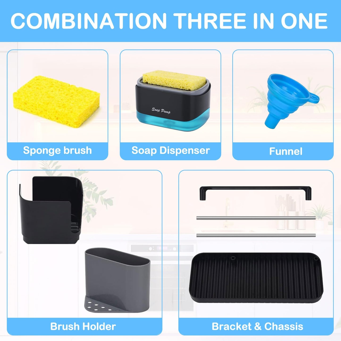 GINZER Dish Soap Dispenser with Tray for Kitchen Sink, Countertop Storage Organizer with Dishcloth Rack,Brush and Sponge Holder