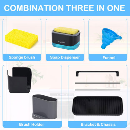 GINZER Dish Soap Dispenser with Tray for Kitchen Sink, Countertop Storage Organizer with Dishcloth Rack,Brush and Sponge Holder