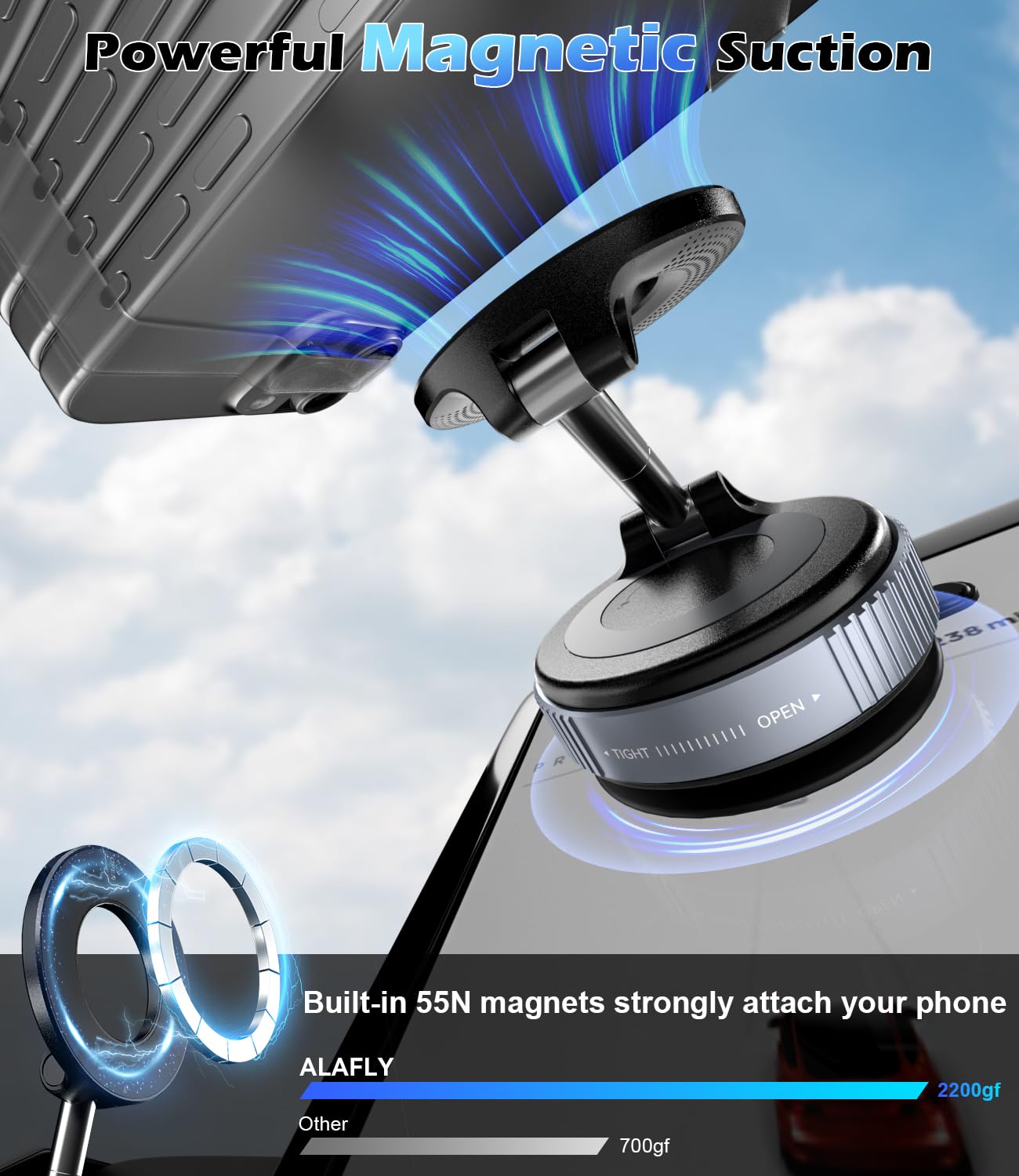 ALAFLY Car Mobile Phone Holder with Vacuum Suction Cup, Compatible with MagSafe, 360° Adjustable and Foldable Magnetic Phone Holder for Car/Windshield/Glass/Any Smooth Surface - Black