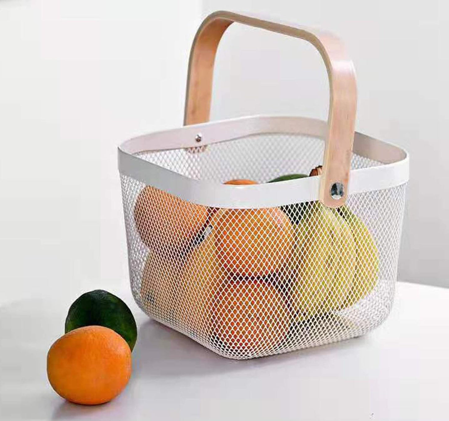 TAMQUSAK Mesh Steel Storage Organizer Basket, Multi-Functional Metal Wire Hanging Kitchen Baskets Fruit Basket with Bamboo Handle Ideal for Kitchen, Bathroom, Pantry, Cabinet Home, Shopping(PACK OF 1)