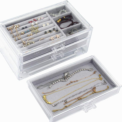 3-Drawer Acrylic Jewelry Box with Gray Velvet, Clear Organizer and Display Case, Stackable Trays for Earrings, Rings, Necklaces, and Bracelets, Gift for Women