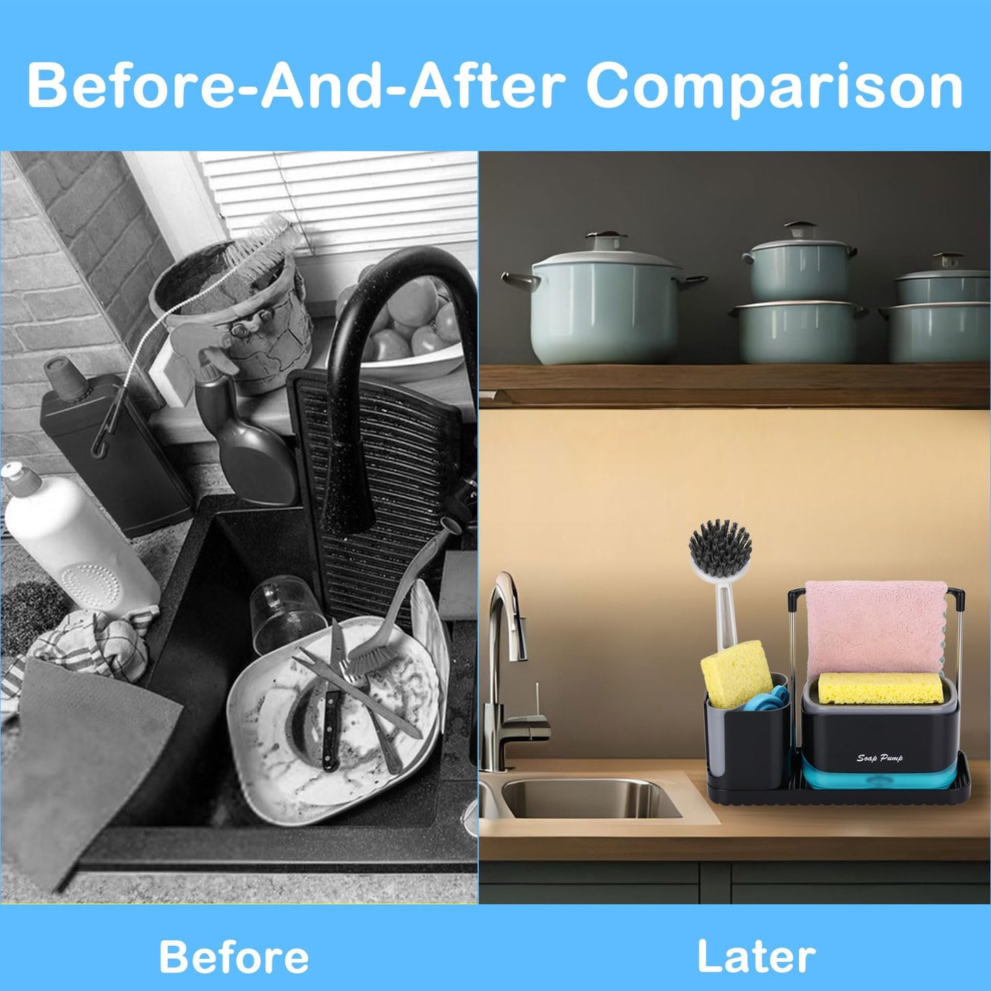 GINZER Black ABS Stainless Steel Kitchen Sink Organizer, 6-Compartment Caddy with Soap Dispenser, Sponge Holder, Dish Brush Rack, Drainer, Towel Holder