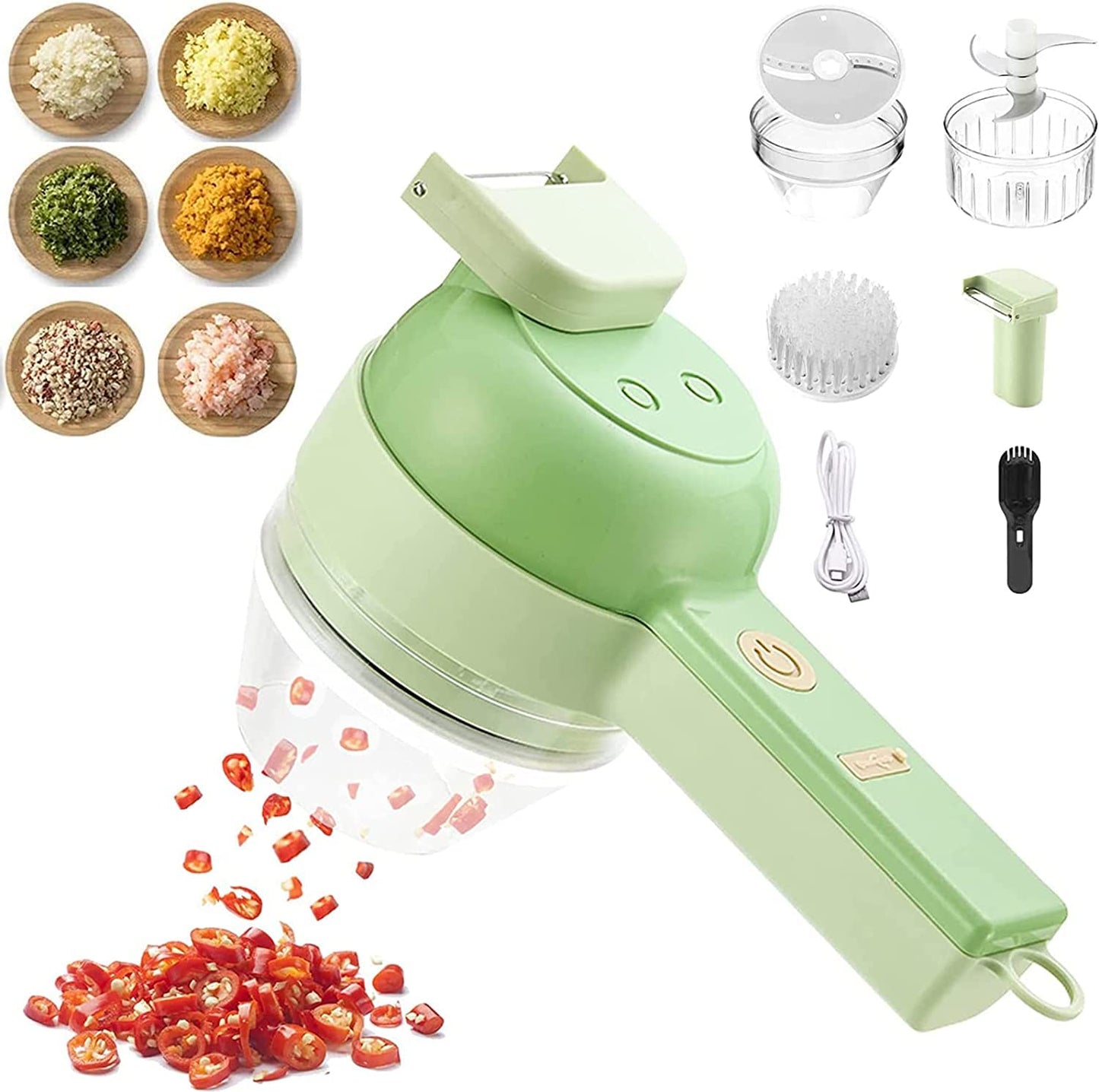 AUELEK Electric Vegetable Cutter Set,4 in 1 Handheld Portable Vegetable Slicer, Mini Garlic Crusher with One Button Control, Mini Food Chopper for Garlic, Onion, Veggie