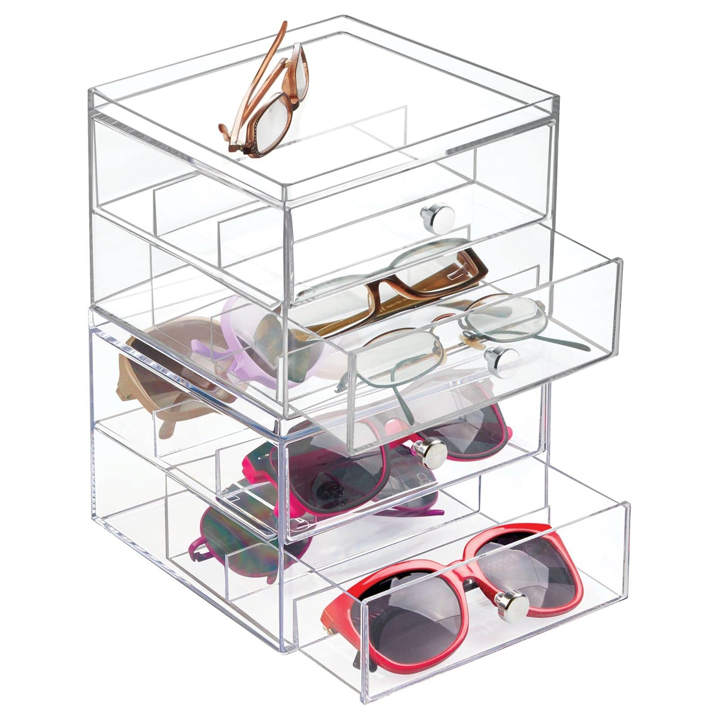 Eyeglass Organizer Holder, Clear Acrylic Storage Box with 2 Divided Drawers for Sunglasses, Eyeglasses and Reading Glasses, Desktop or Drawer Use for Home, Closet or Office Storage, Clear