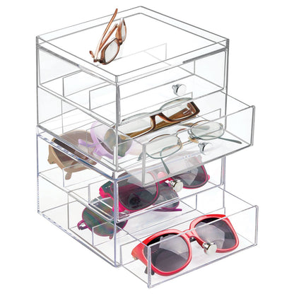 Eyeglass Organizer Holder, Clear Acrylic Storage Box with 2 Divided Drawers for Sunglasses, Eyeglasses and Reading Glasses, Desktop or Drawer Use for Home, Closet or Office Storage, Clear