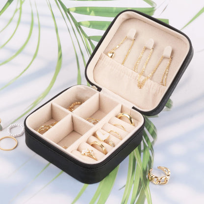 losensild Travel Jewelry Box,PU Leather Small Jewelry Travel Case for Women Girls Double Layer Portable Jewelry Organizer Mini Travel Case Boxes Black