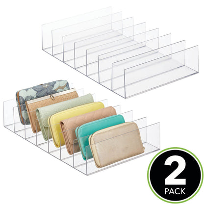 Clear Acrylic Divided Clutch Organizer, Closet Shelf Storage for Purses, Wallets, and Accessories, 7 Sections, 2-Pack